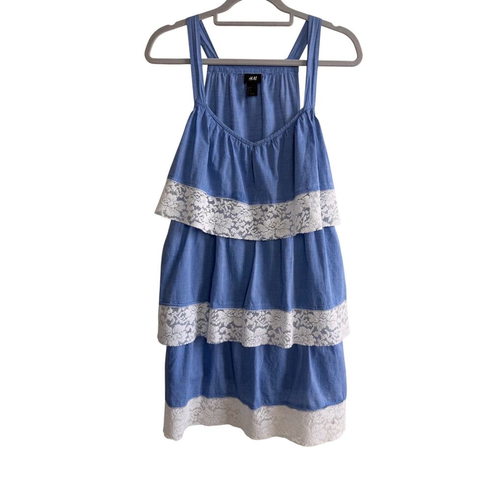 H&M Blue Tiered Lace Trim Mini Dress Square Neck Sleeveless Cotton US 8 Boho